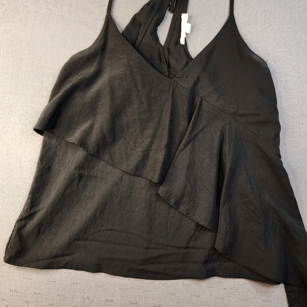 Lovestitch Black Asymmetrical Halter Tank V-Neck Ruffle Tiered Medium Feminine